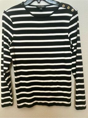 Ralph Lauren Black and White Striped Crewneck Sweater with Shoulder Buttons
